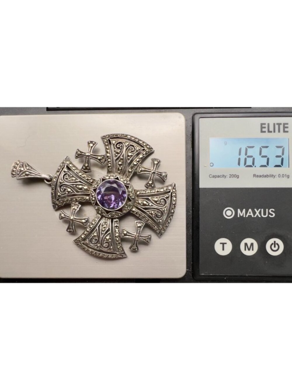 Vintage Jerusalem Cross Crusaders Silver Marcasite Purple Stone Pendant - Picture 8 of 8